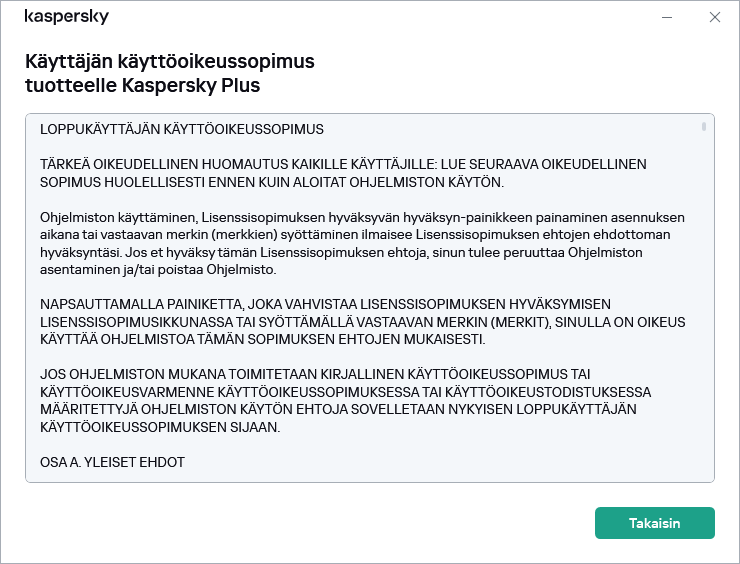 Ikkuna sisältää käyttäjän käyttöoikeussopimuksen tekstin.