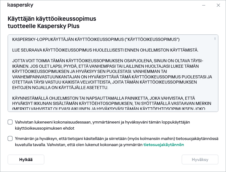 GDPR-käyttöoikeussopimuksen hyväksymisikkuna