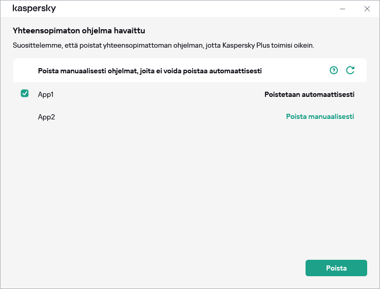 Ikkuna, jossa on luettelo yhteensopimattomista sovelluksista