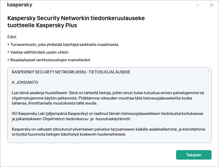 Kaspersky Security Network -lausunnon hyväksymisikkuna