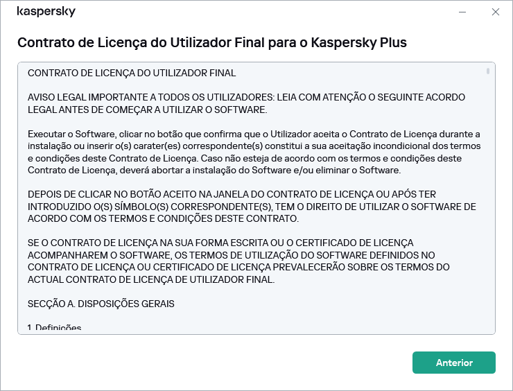 Janela que contém o texto do Contrato de Licença do Utilizador Final