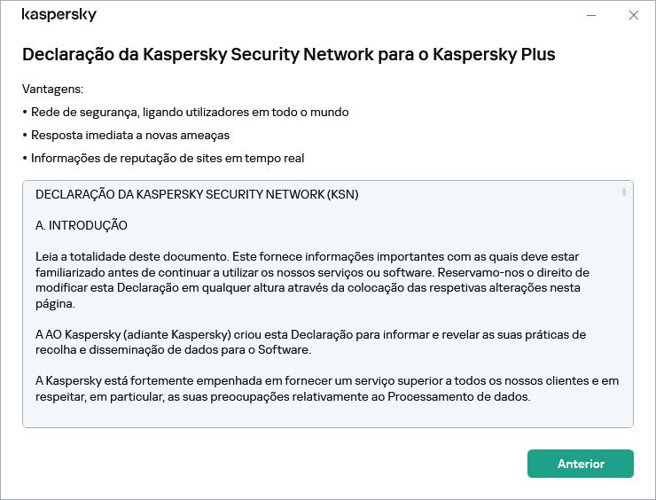 A janela de aceitação da Declaração da Kaspersky Security Network
