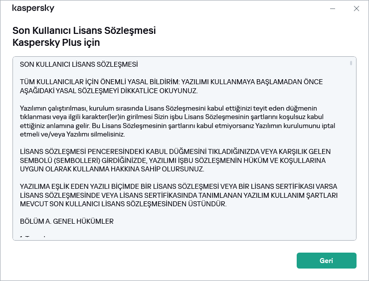 Son Kullanıcı Lisans Sözleşmesi metnini içeren pencere