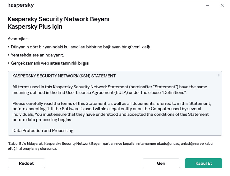 GDPR Kaspersky Security Network Beyanı kabul penceresi
