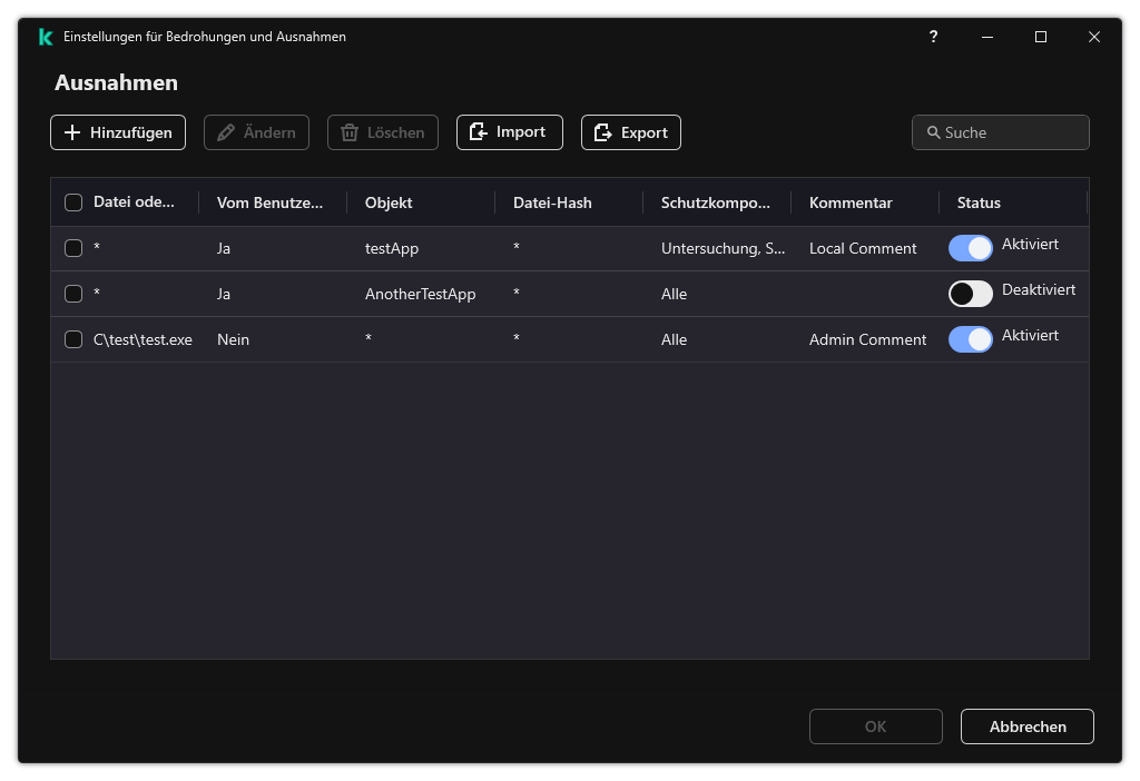 Ein Fenster mit der Liste der Ausnahmen. Die Eigenschaften der Ausnahme werden angezeigt. Der Benutzer kann Ausnahmen hinzufügen, bearbeiten oder löschen.