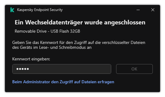 Das Fenster enthält ein Eingabefeld für das Kennwort. Der Benutzer kann eine Zugriffsanfrage-Datei erstellen.