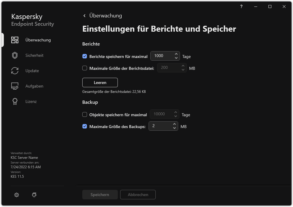 Fenster mit Einstellungen für &bdquo;Berichte und Speicher&ldquo;. Der Benutzer kann die Größe von Berichten und Objekten festlegen und die Speicherdauer in der Datenverwaltung begrenzen.