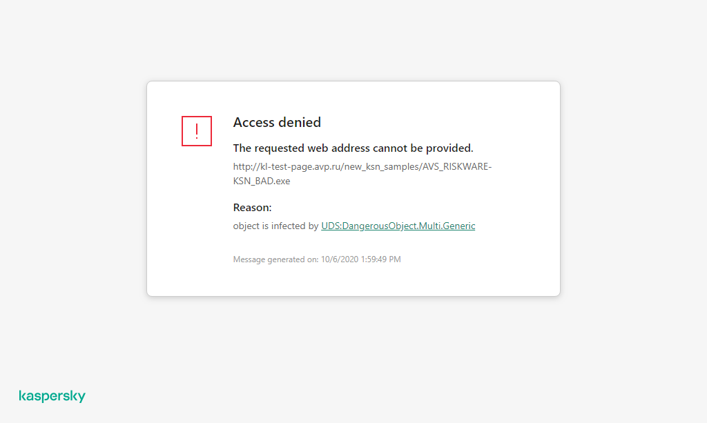 Kaspersky notification about preventing malicious object from loading in the browser window.