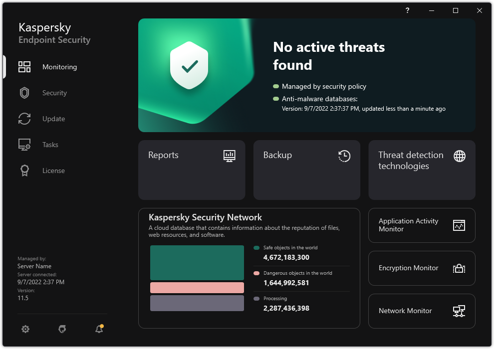 The main application window contains sections for computer security monitoring and application control.