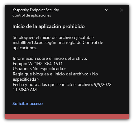 Notificación sobre el inicio de la aplicación bloqueada. El usuario puede crear una solicitud para iniciar la aplicación.