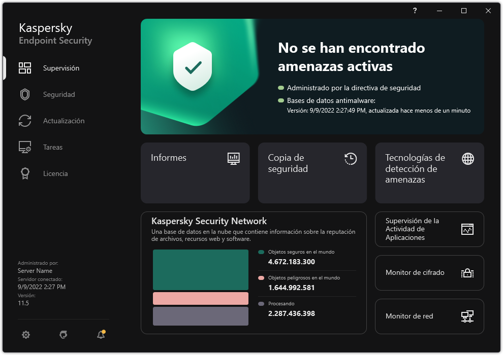 La ventana principal de la aplicación contiene secciones para la supervisión de la seguridad del equipo y el control de la aplicación.