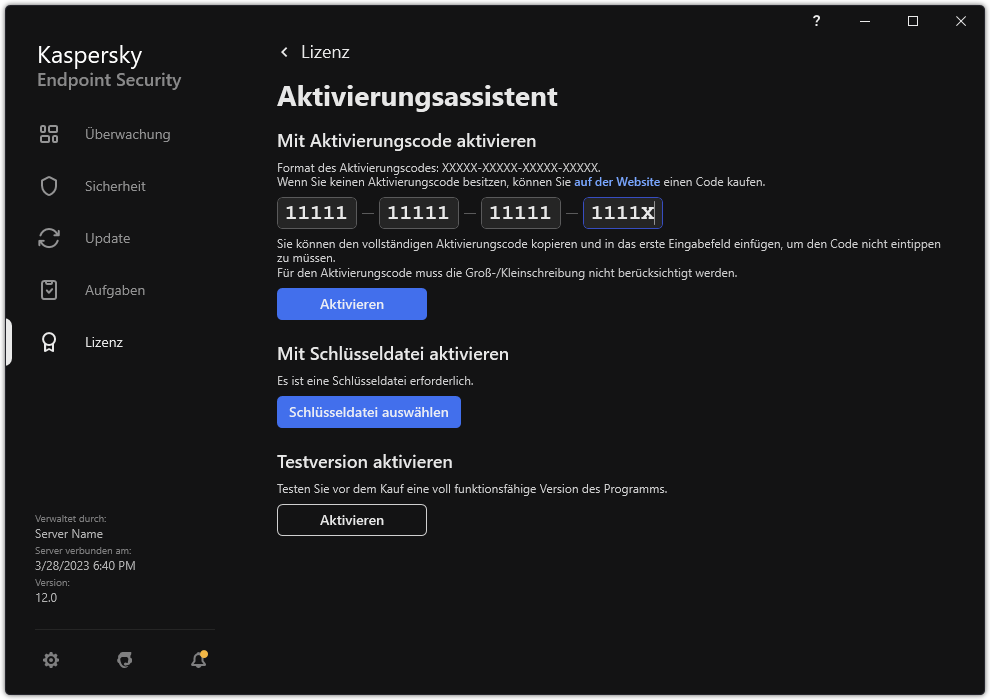Fenster mit den Tools zur App-Aktivierung. Der Benutzer kann einen Aktivierungscode eingeben oder eine Schlüsseldatei auswählen.