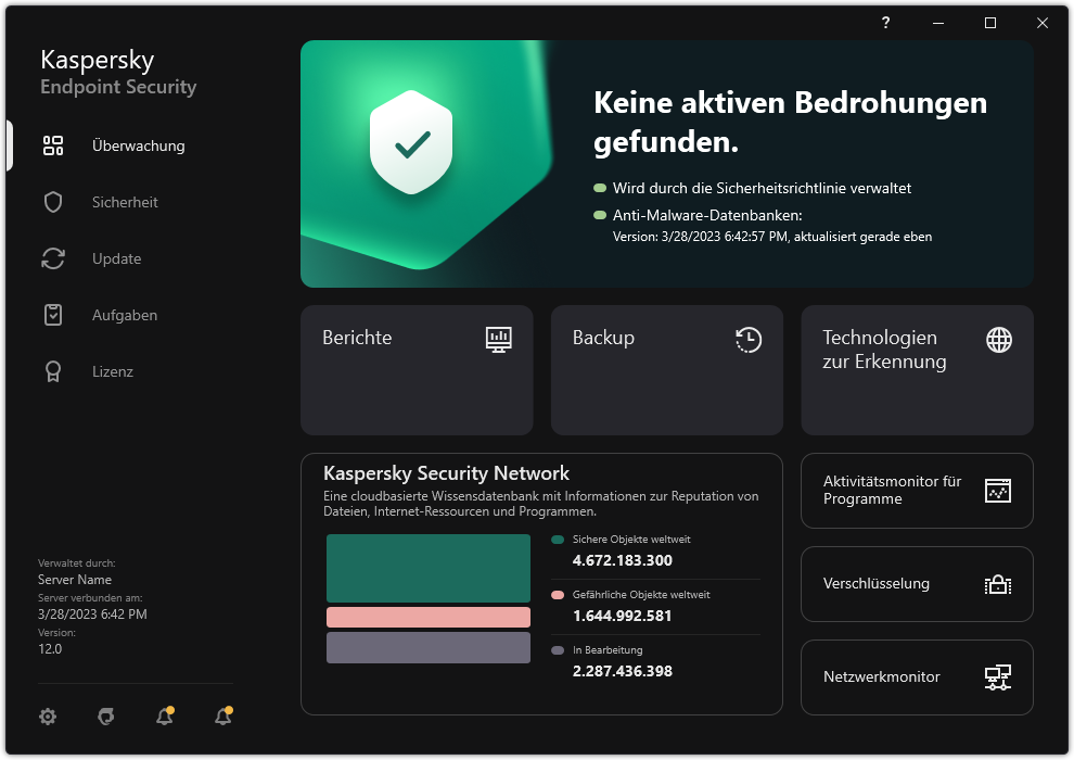Das App-Hauptfenster enthält Abschnitte zur Überwachung der Computersicherheit und zur Verwaltung der App.