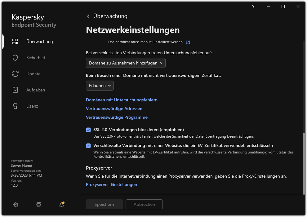 Fenster mit den Netzwerkeinstellungen für die App.