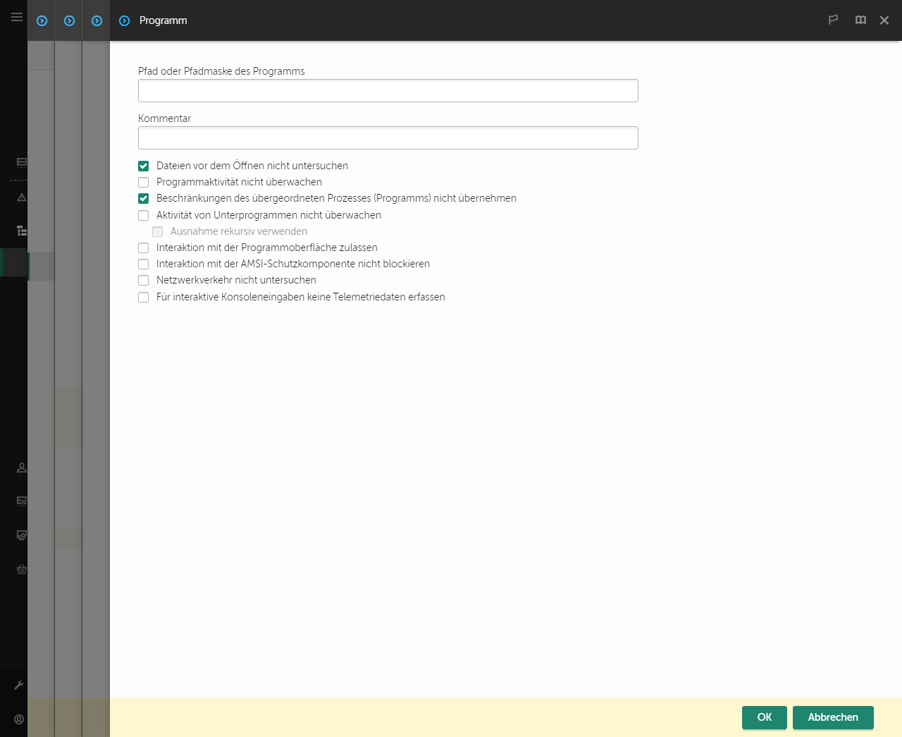 Ein Fenster mit einem Eingabefeld für den Pfad der vertrauenswürdigen App. Es können Masken verwendet werden.