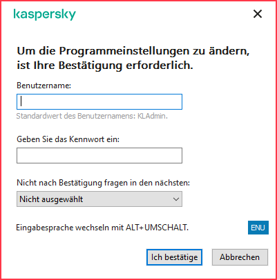 Das Fenster enthält Felder zur Eingabe des Benutzernamens und des Kennworts. Der Benutzer kann auswählen, für welchen Zeitraum die App das Kennwort nicht abfragen soll.