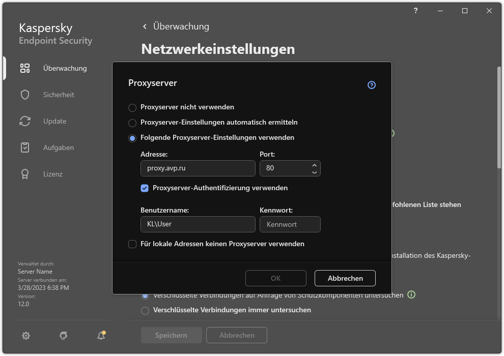 Das Fenster zum Konfigurieren der Proxyserver-Verbindung. Der Benutzer kann die Adresse des Proxyservers und Anmeldedaten für die Verbindung mit dem Proxyserver festlegen.