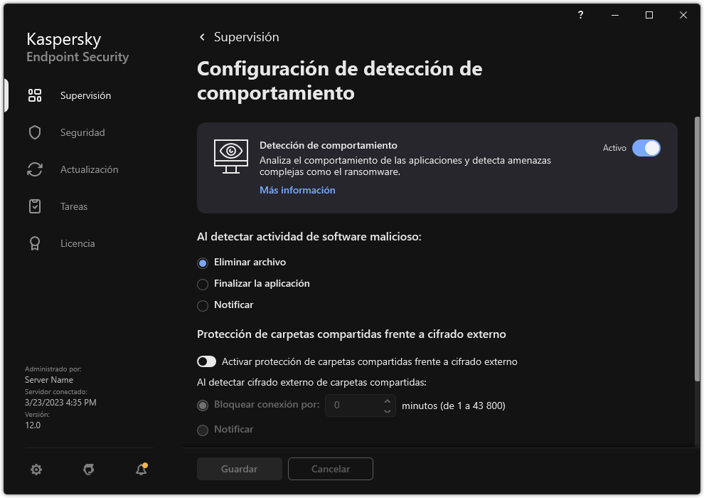 Ventana Configuración de detección de comportamiento.