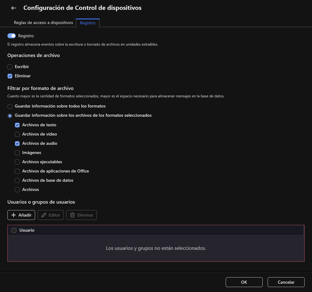 La ventana para configurar el registro de eventos sobre el uso de unidades extraíbles. El usuario puede seleccionar los eventos que se van a registrar.