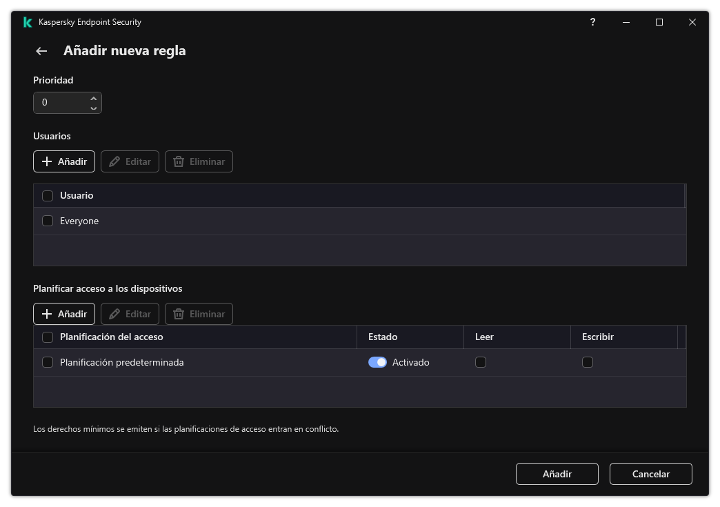 Ventana de configuración de reglas de Control de dispositivos. El usuario puede asignar la prioridad de la regla, agregar usuarios a la regla y establecer la programación de la regla.