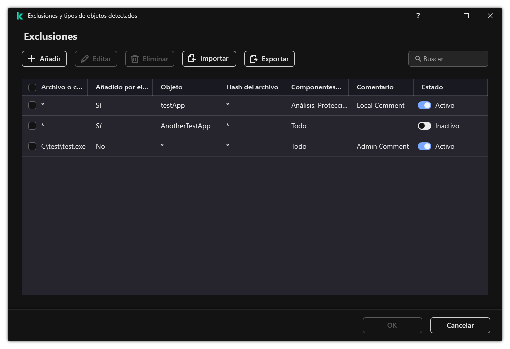 Una ventana con la lista de exclusiones. Se muestran las propiedades de exclusión. El usuario puede añadir, editar o eliminar exclusiones.