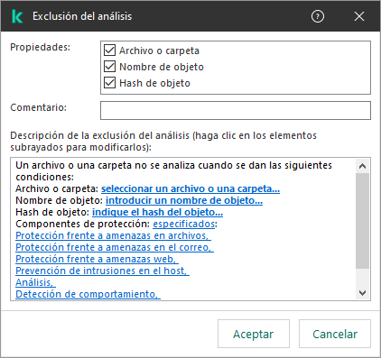 Una ventana con herramientas de selección de exclusión. El usuario puede seleccionar un archivo o carpeta, introducir un nombre de objeto o hash.