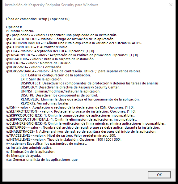 Ventana de información sobre la herramienta que describe las opciones de comando para instalar la aplicación a través de CMD.