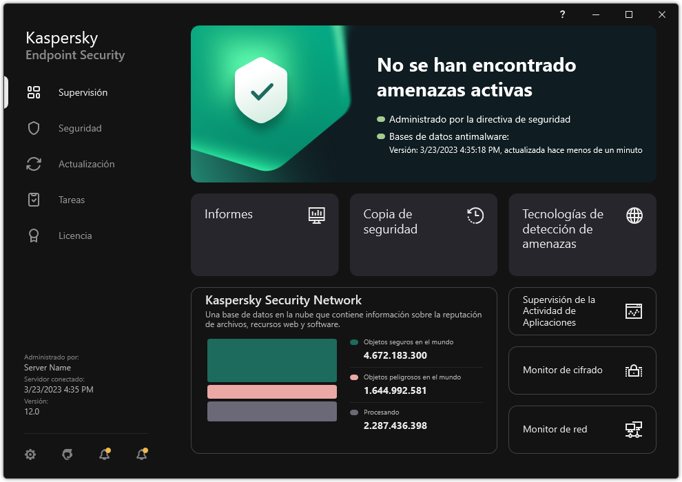 La ventana principal de la aplicación contiene secciones para la supervisión de la seguridad del equipo y el control de la aplicación.