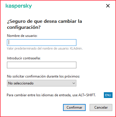 La ventana contiene campos para introducir el nombre de usuario y la contraseña. El usuario puede seleccionar un período de tiempo durante el cual la aplicación no solicita contraseña.