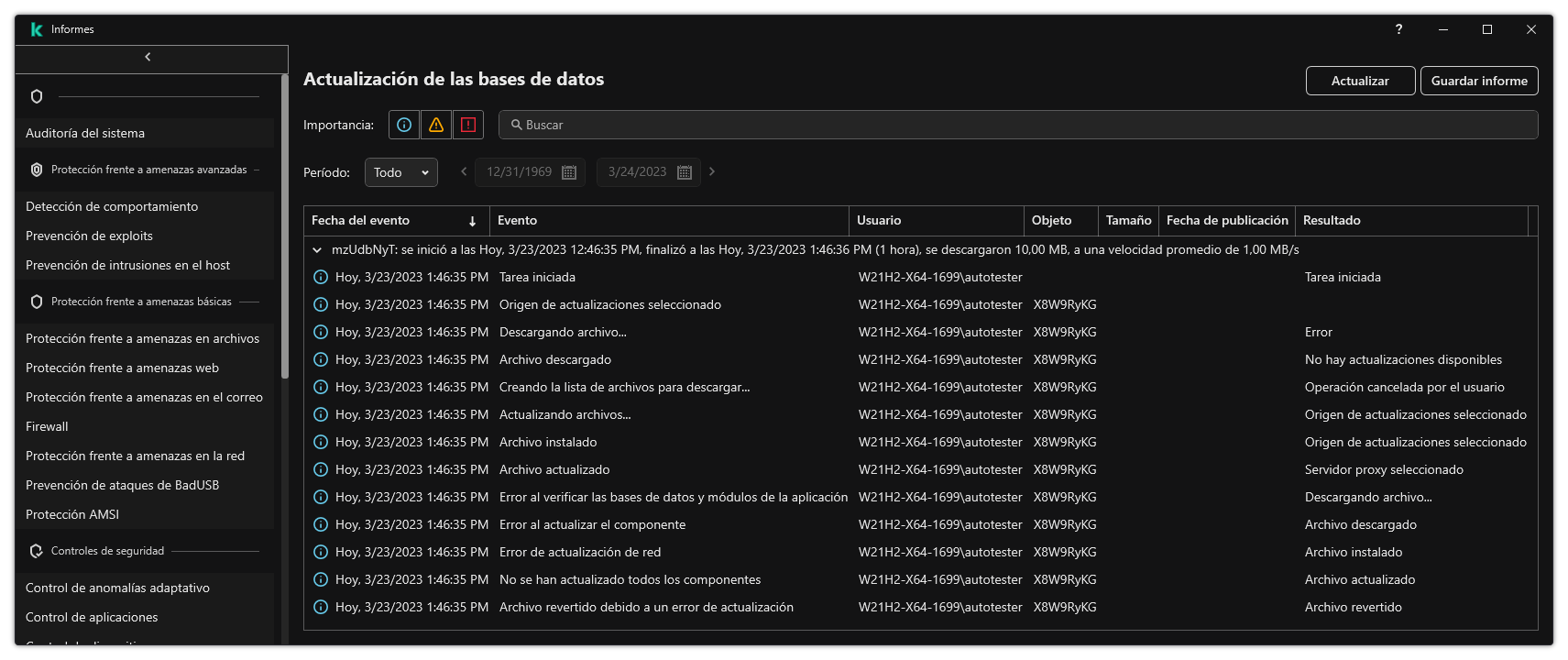 Una ventana con la lista de eventos del informe. El usuario puede filtrar/ordenar eventos y guardar informes en un archivo.