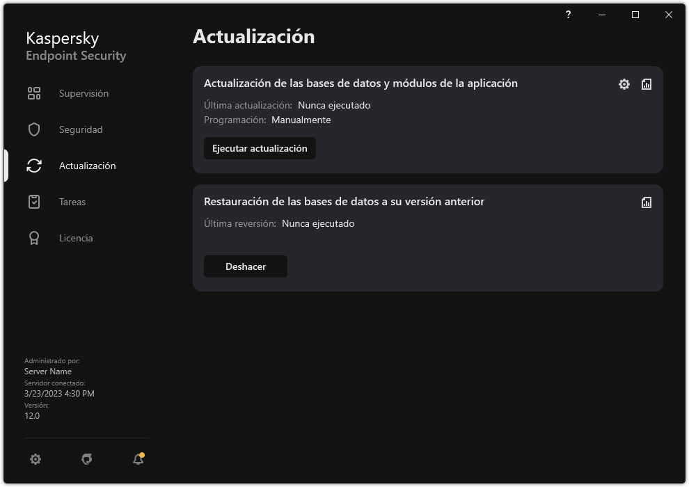 Una ventana con la lista de tareas de actualización locales. El usuario puede iniciar la actualización de bases de datos y módulos de aplicación, así como revertir la última actualización.