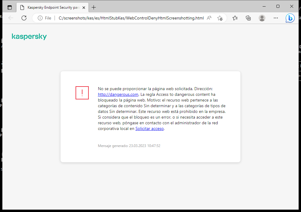 Notificación de Kaspersky sobre el bloqueo del acceso a la página web en la ventana del navegador. El usuario puede crear una solicitud para acceder al recurso web.