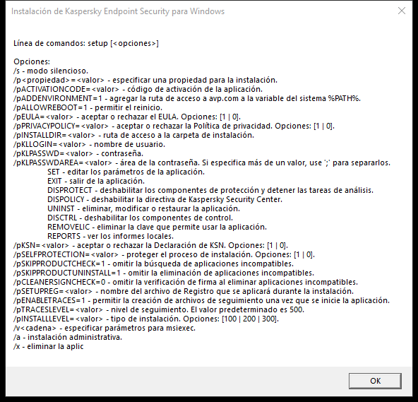 Ventana de información sobre herramientas en la que se describen las opciones de comando para instalar la aplicación a través de CMD.