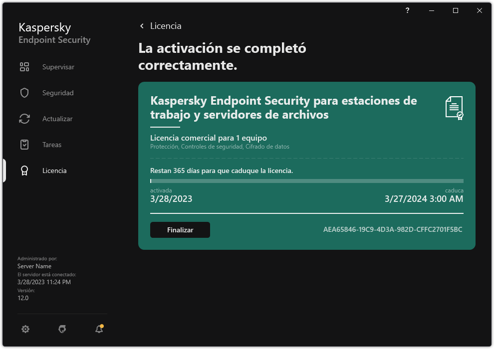 La ventana contiene información sobre la licencia: fecha de caducidad, funciones disponibles y otra información.