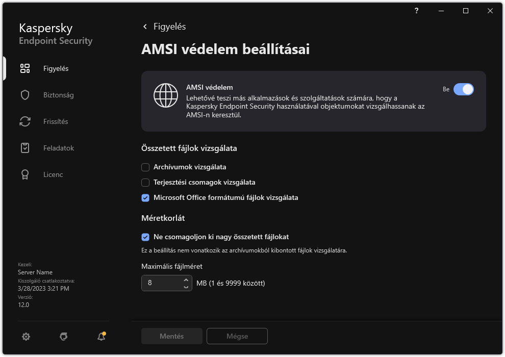 AMSI védelem beállításai ablak.