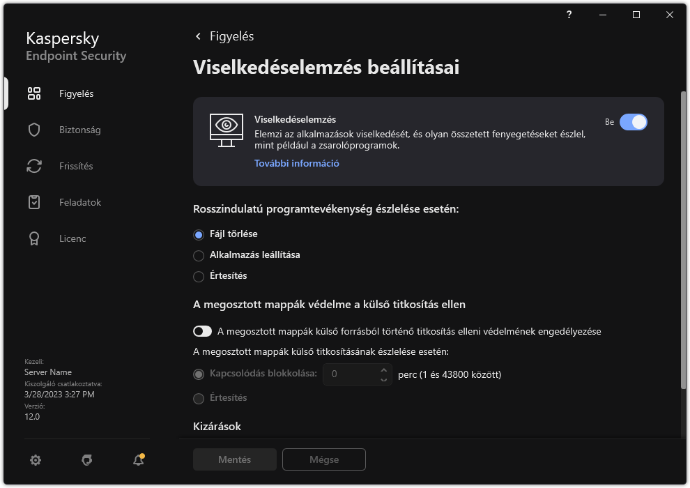Viselkedéselemzés beállításainak ablaka.