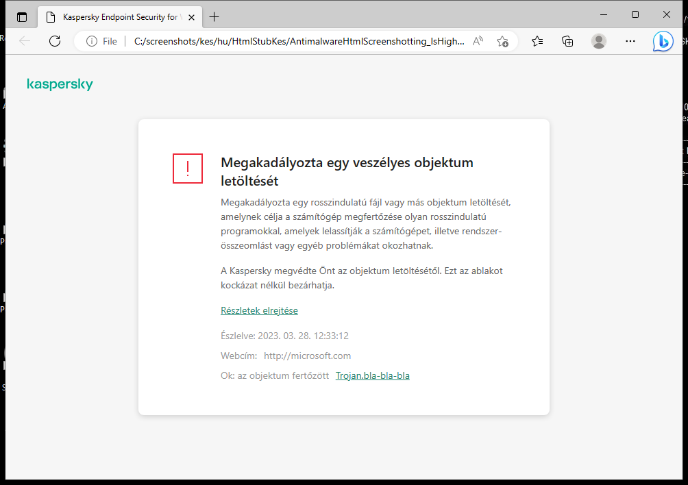 Kaspersky-értesítés a rosszindulatú objektumok böngészőablakban történő betöltésének megakadályozásáról.
