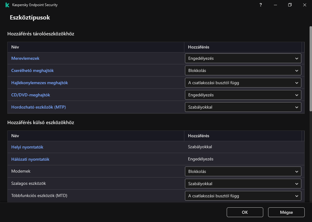 Az eszközökhöz való hozzáférés konfigurálására szolgáló ablak. A felhasználó konfigurálhatja a hozzáférést az eszközökhöz, és beállíthat további hozzáférési paramétereket, például a hozzáférési ütemezést.