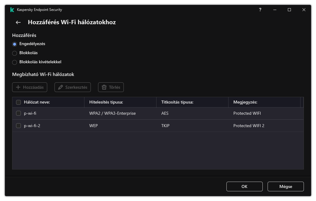 Ablak a Wi-Fi hálózatok listájával. A felhasználó konfigurálhatja az összes Wi-Fi hálózathoz való hozzáférést, és megbízható Wi-Fi hálózatokat vehet fel.
