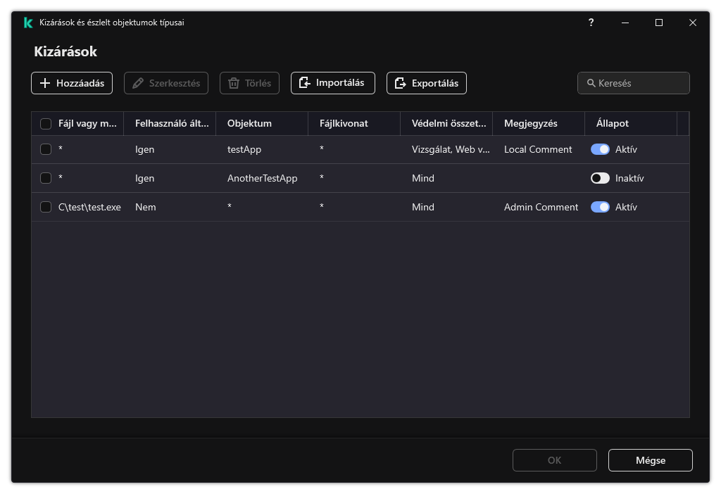 Egy ablak a kizárások listájával. Megjelennek a kizárási tulajdonságok. A felhasználó hozzáadhat, szerkeszthet vagy törölhet kizárásokat.