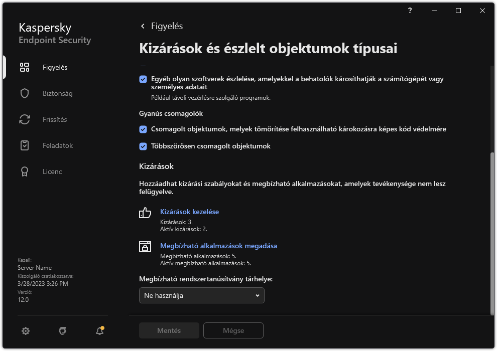 Kizárási beállítások ablak. A felhasználó kizárásokat és megbízható alkalmazásokat adhat hozzá.
