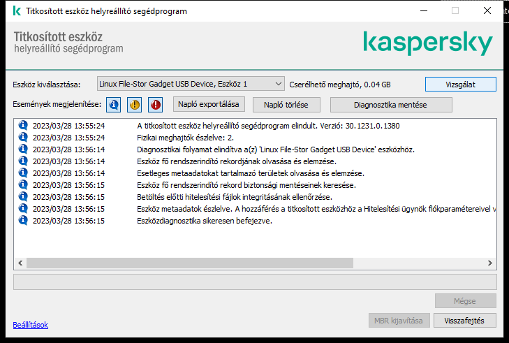 Egy ablak a segédprogram eseményeinek listájával. A felhasználó diagnosztikát futtathat és visszafejtheti a kiválasztott eszközt.
