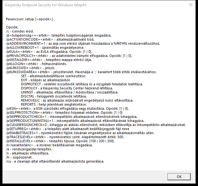 Elemleírás ablak, amely ismerteti az alkalmazás parancssoron keresztüli telepítésének beállításait.