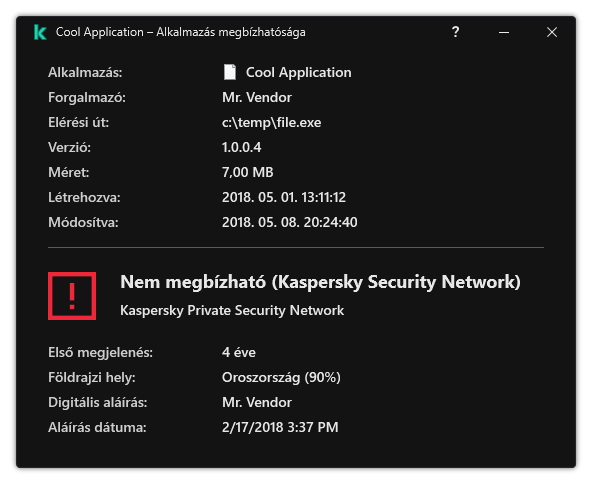 Az ablak információkat tartalmaz a fájl megbízhatóságáról és egyéb adatokról, például a digitális aláírás meglétéről.