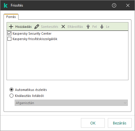 A frissítéőforrások listáját tartalmazó ablak. A felhasználó frissítési forrásokat adhat hozzá, és prioritást rendelhet a forráshoz.