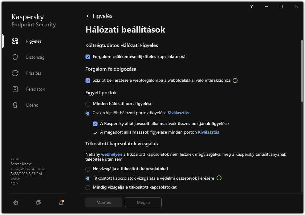 Alkalmazások hálózati beállításainak ablaka.