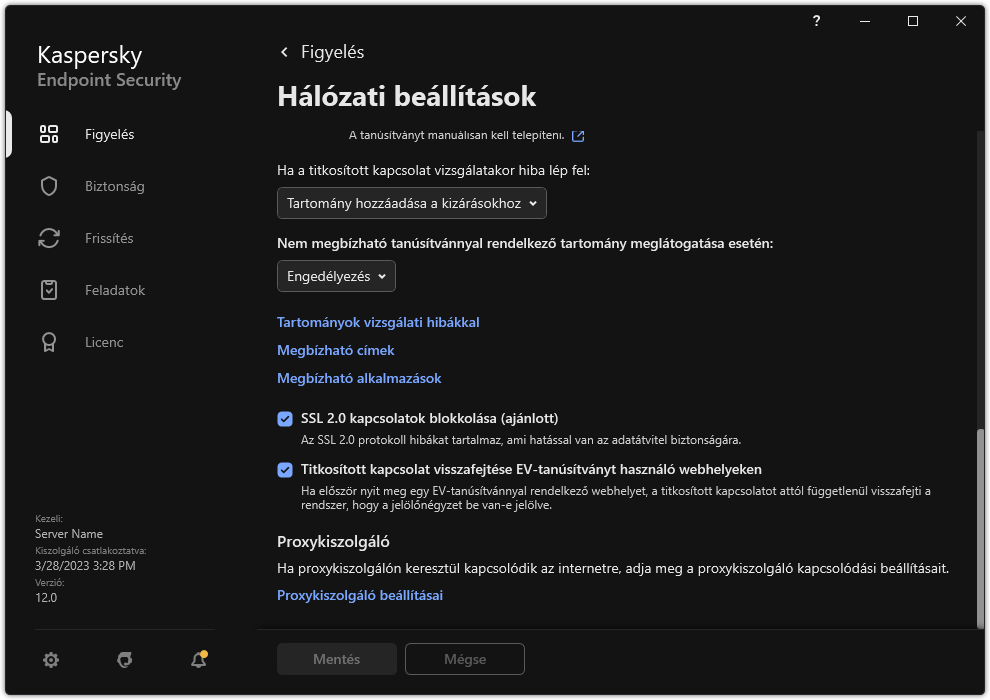 Alkalmazások hálózati beállításainak ablaka.