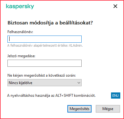 Az ablak mezőket tartalmaz a felhasználónév és jelszó megadásához. A felhasználó kiválaszthat egy időszakot, amely alatt az alkalmazás nem kér jelszót.