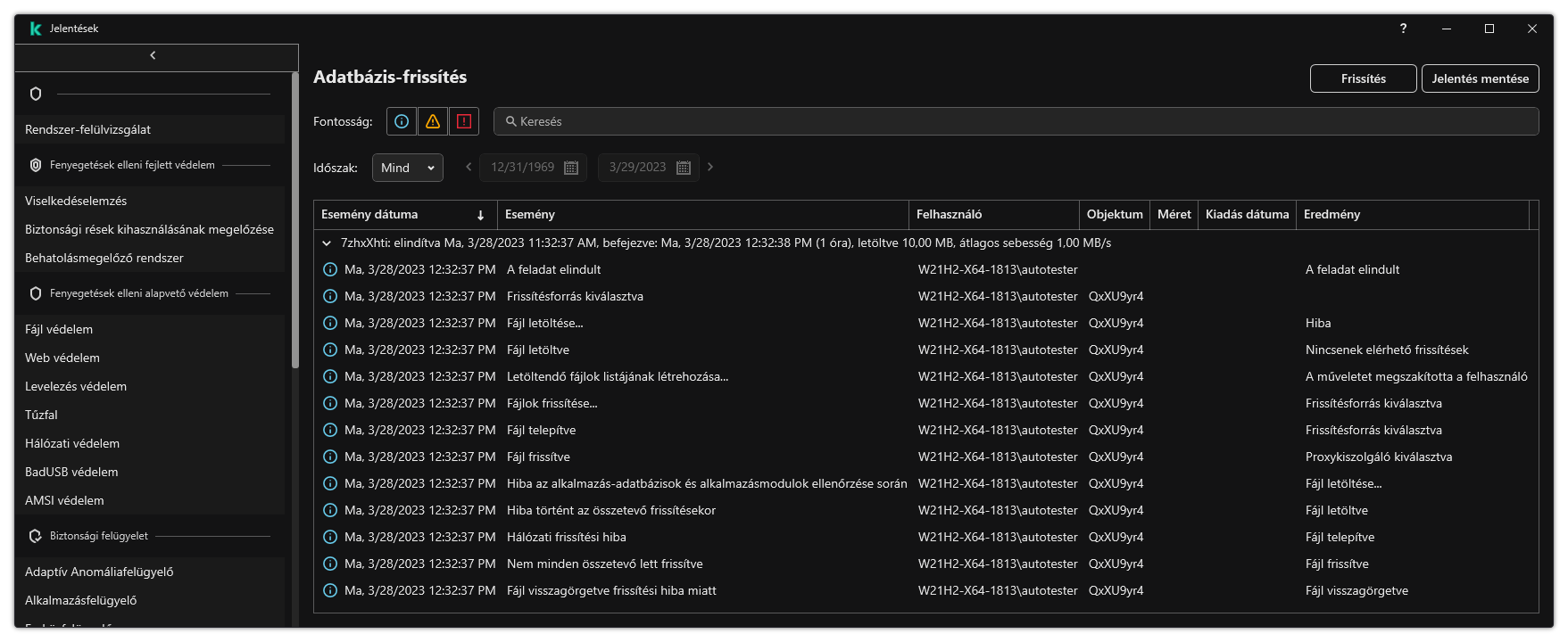 Egy ablak a jelentésben szereplő események listájával. A felhasználó szűrheti/rendezheti az eseményeket, és fájlba mentheti a jelentéseket.