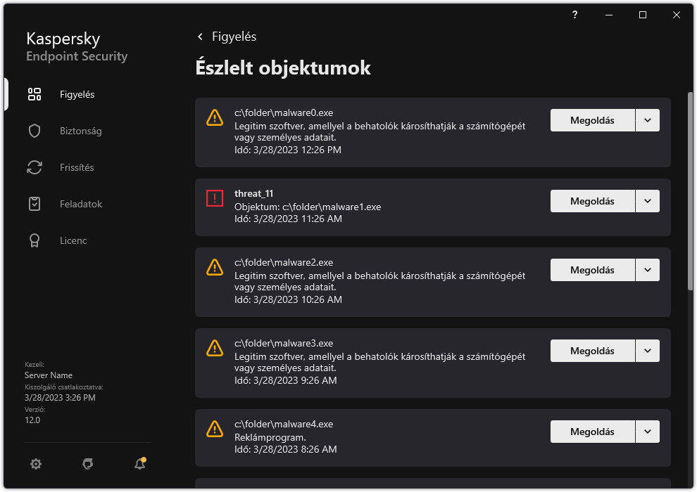 Egy ablak az észlelt objektumok listájával. Megjelenik az objektumra vonatkozó információ. A felhasználó feloldhatja vagy eltávolíthatja az objektumot.